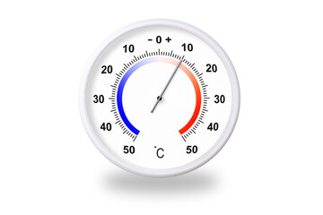 Outdoor thermometer on white background. Ambient temperature plus 10 degrees celsius