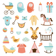 Set of cute baby nutrition and care icons flat vector illustration isolated. - obrazy, fototapety, plakaty