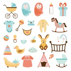 Fototapeten Set of cute baby nutrition and care icons flat vector illustration isolated. © sabelskaya