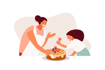 Cooking mother and daughter in the kitchen. Motherhood and family vector illustration