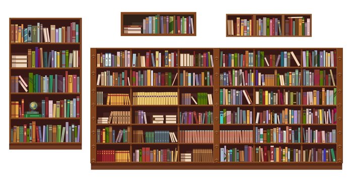 Book shelves and bookcase of library or bookstore, vector education. Bookshelf isolted objects with stacks and rows of books, antique and modern literature bookshop interior design