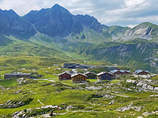 Summer and winter sports and recreational resort Melchsee-Frutt on the shores of Lake Melchsee,...