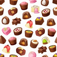 Chocolate candies, truffles and praline seamless pattern. Vector background of sweet food and chocolate desserts, caramel, nuts and coconut, coffee, milk cream and nougat, confectionery backdrop