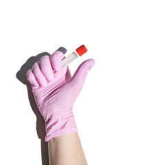 Hand in gloves holding test tube. Medical equipment. Hospital or clinic doctor arm. Healthcare science concept. White isolated background. Pink color. Empty sample. Copyspace. DNA analyze research
