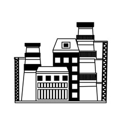 Vector factory icon in linear style, isolated on a white background.  The concept of industrial building. Industrial complex. A power plant with chimneys, pipes, and reservoirs.