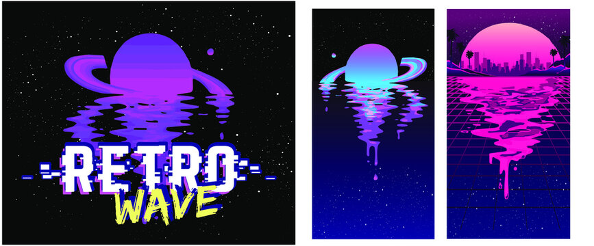 Retro space waves or retro futuristic style, digital landscape in the cyber world. For use as a cover of a music album. design templates. Invitation. Catalog cover. Banner.