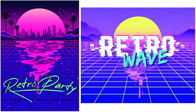 Retro space waves or retro futuristic style, digital landscape in the cyber world. For use as a cover of a music album. design templates. Invitation. Catalog cover. Banner.