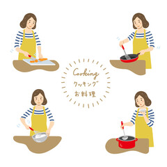 料理をする女性セット
