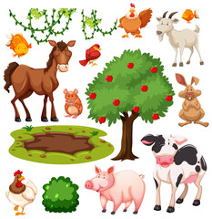 Set of cute animal farm and nature