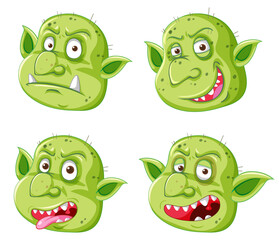 Set of green goblin or troll face in different expressions in cartoon style isolated