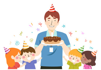 Obraz na płótnie Canvas Kids Teacher Guy Birthday Party Cake Illustration
