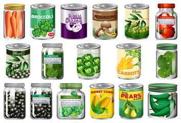 Set of different canned food and food in jars isolated
