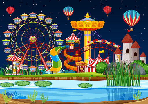 Amusement park with swamp scene at night with balloons