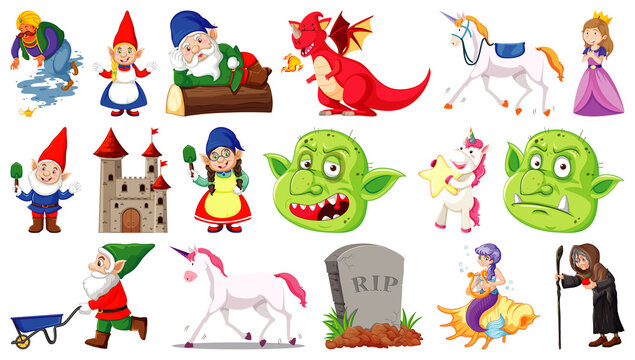 Set of fantasy cartoon characters and fantasy theme isolated on white background
