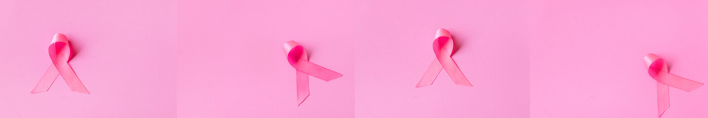 Collection of pink ribbons on pink background.Breast cancer awareness.