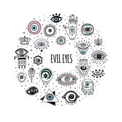 Frame with evil eyes and Fatima hands cartoon vector illustration isolated.