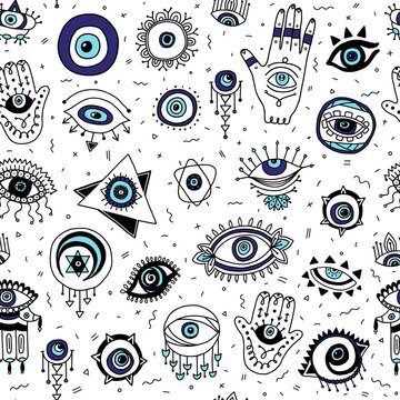 Seamless pattern with Evil eyes and Fatimas hand symbols vector illustration.