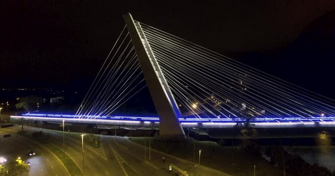 Aerial night view of the subway bridge at Barra da Tijuca in Rio de Janeiro.