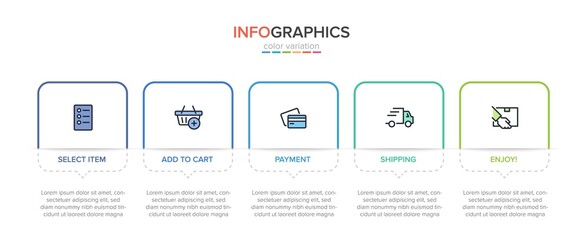 Concept of shopping process with 5 successive steps. Five colorful graphic elements. Timeline design for brochure, presentation, web site. Infographic design layout.