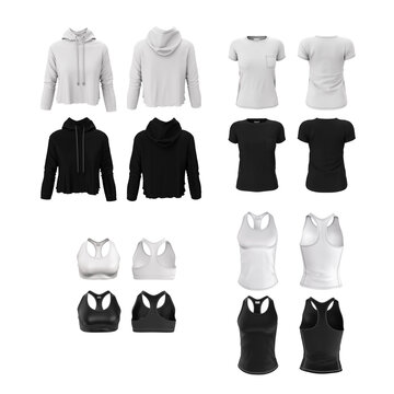 T-shirt, jacket, top, singlet. Set of women's sportswear in black and white color. 3d render realistic template, mock up. Presentation of logo, design, print. Front and back view.