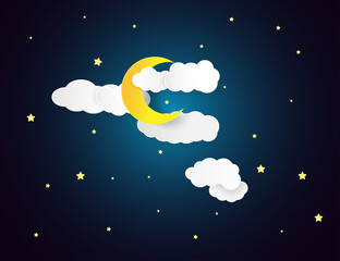 night sky with stars and moon. paper art style.Vector of a crescent moon with stars on a cloudy night sky.
Moon and stars background.Vector EPS 10.