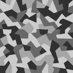 Camouflage seamless urban pattern. Military geometric camo texture. Army wallpaper. Print on fabric on textiles. Vector black and gray monochrome background - obrazy, fototapety, plakaty