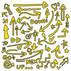 シンプルな手描きの矢印セット　黒フチ黄色