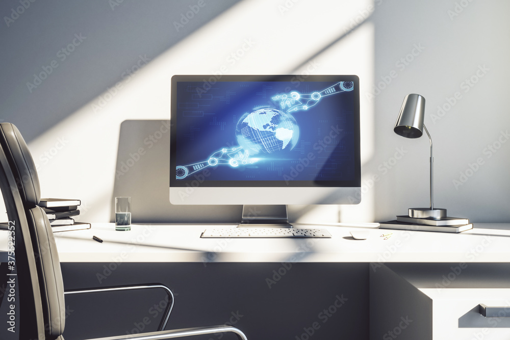 Poster creative concept of robotics technology with globe sketch on modern laptop screen. robot development