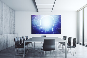 Creative artificial Intelligence concept with human head hologram on presentation screen in a modern conference room. 3D Rendering
