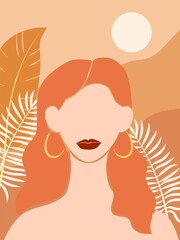 Portrait of a woman against a background of mountains. Minimalistic drawing. Modern style. Flat vector illustration in warm pastel colors.