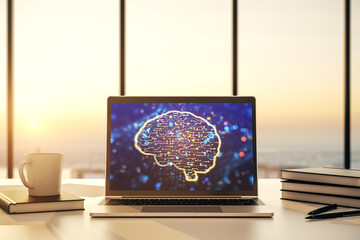 Modern computer display with creative human brain microcircuit. Future technology and AI concept. 3D Rendering