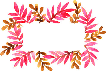 Red and brown fern on rectangle frame watercolor hand painting fr decoration on Autumn season events.