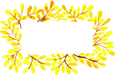 Naklejka na ściany i meble Yellow autumn leaves on rectangle frame watercolor hand painting decoration on Autumn season events.