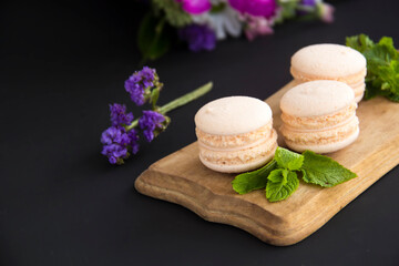 Obraz na płótnie Canvas Macarons and mint for dessert - healthy organic summer dessert. Creative atmospheric decoration.