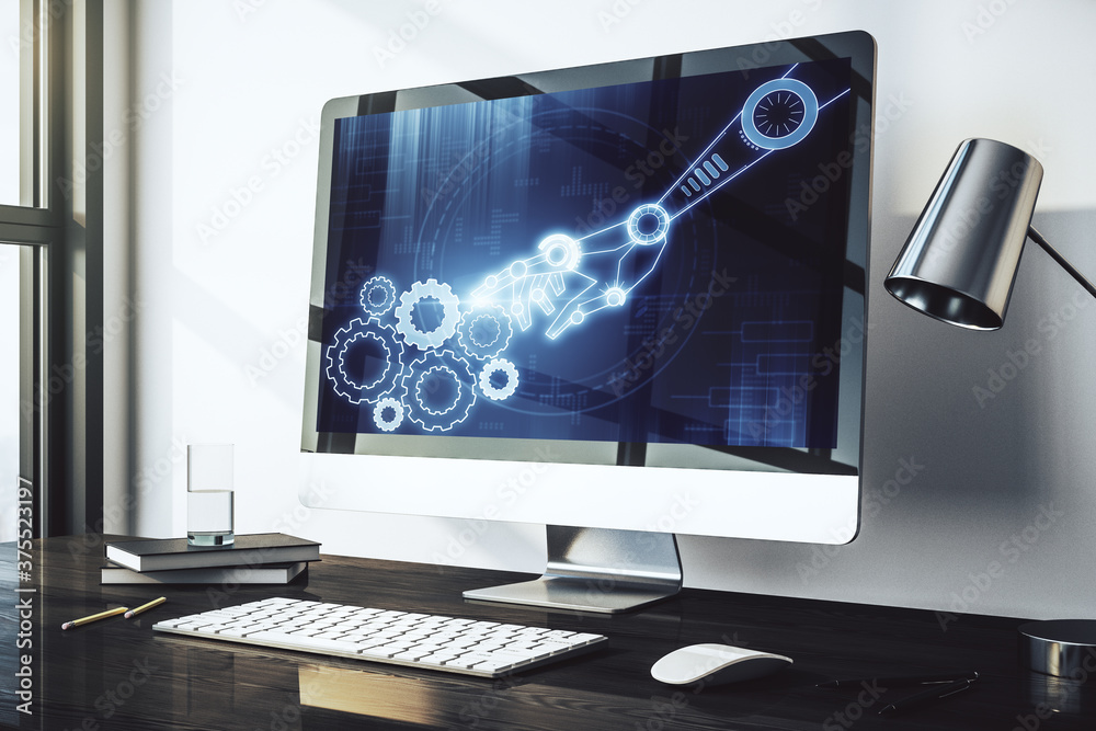 Poster creative concept of robotics technology on modern laptop screen. robot development and automation co