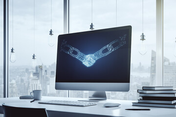 Creative abstract block chain technology sketch with handshake on modern laptop monitor, future technology and blockchain concept. 3D Rendering