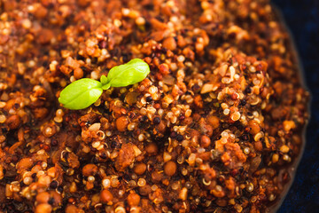 plant-based food, vegan lentil and textured vegetable protein ragu with quinoa