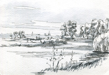 landscape with river and trees sketch