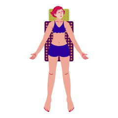 The girl lies on the applicator mat. Rest and relaxation. Beauty, care, hygiene concept clipart. Vector. Flat style.