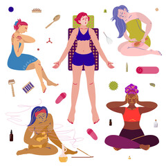 Girls and various types of massage. Beauty, care, wellness concept clipart. Vector. Flat style.