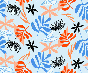 Hand Drawn Abstract Tropical Exotic Leaves Branches and Flowers Repeating Vector Pattern Isolated Background