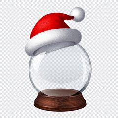 Transparent snow globe with Santa hat on checkered background