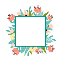 Vector floral frame with modern hand-drawn flowers and leaves for wedding invitations, greeting cards and business cards. Bright flower frame