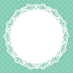Lace round paper doily, polka dots background, lacy snowflake, greeting element, round pattern, doily to decorate the cake, vector illustrations.