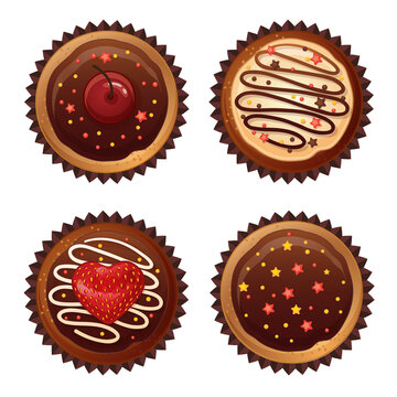 Set of vector chocolate cakes with cherries, strawberries and sprinkles. Top view flat icon.