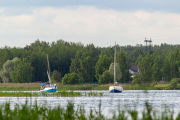 Fototapeta na wymiar Two sailing yachts sail on a shallow river against the background of a forest. summer day, sailing in the Moscow region, outdoor activities, water sports, view from the Moscow canal.