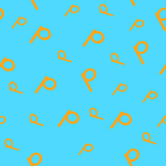 Orange seamless pattern with the letter p on a blue background. Minimalistic freehand drawing style. Background for fabric, wallpaper, bed linen. Vector illustration.