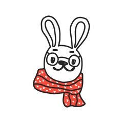 Cute and funny Christmas hare in red scarf smiling happily, cartoon vector illustration isolated on white background. have fun with the festive Christmas season. element decorations