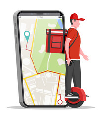 Smartphone with app and man riding monowheel with the box. Concept of fast delivery in the city. Male courier with parcel box on his back with goods and products. Cartoon flat vector illustration © absent84