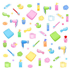 Bathroom elements isolated - Hygiene accessories for kids - Daily routine - White background
